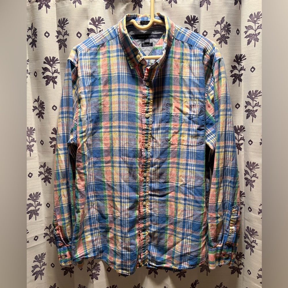 Tommy Hilfiger Men Shirt XL Blue Plaid Cotton Long Sleeve Custom Fit